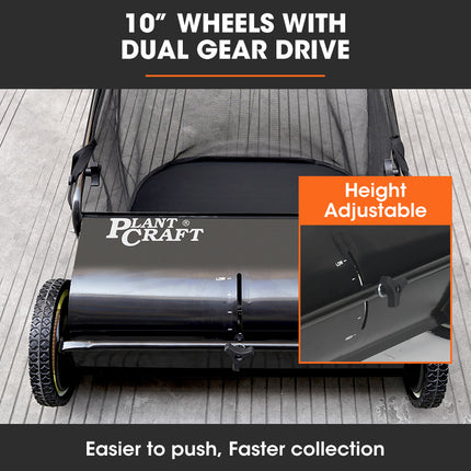 PlantCraft Push Lawn Sweeper, 26" Wide Leaf and Grass Clipping Collector.