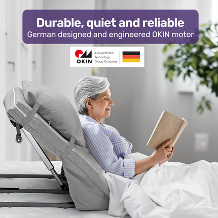 Equipmed Electric Adjustable Bed Backrest, German-Engineered Power Lifting Back Support with Remote Control, Full Length, Grey.