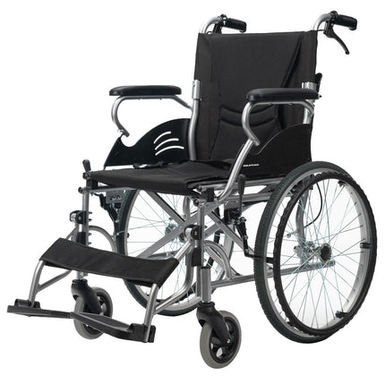 EQUIPMED 20 Inch Folding Wheelchair Lightweight Aluminium Portable with Park Brakes, Black.