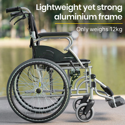 EQUIPMED 20 Inch Folding Wheelchair Lightweight Aluminium Portable with Park Brakes, Black.