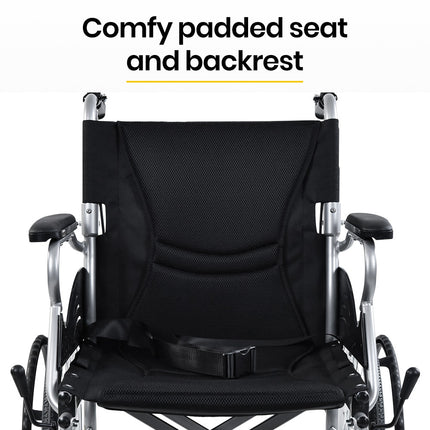 EQUIPMED 20 Inch Folding Wheelchair Lightweight Aluminium Portable with Park Brakes, Black.