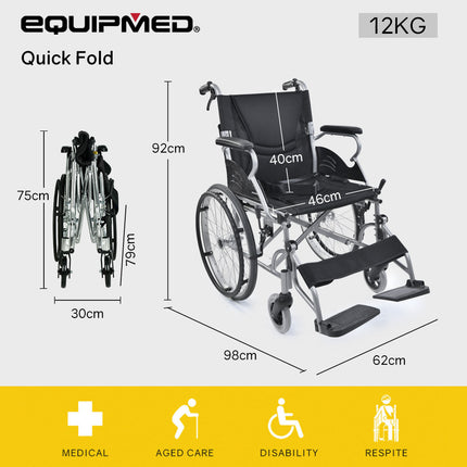 EQUIPMED 20 Inch Folding Wheelchair Lightweight Aluminium Portable with Park Brakes, Black.
