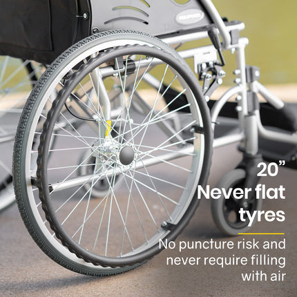 EQUIPMED 20 Inch Folding Wheelchair Lightweight Aluminium Portable with Park Brakes, Black.