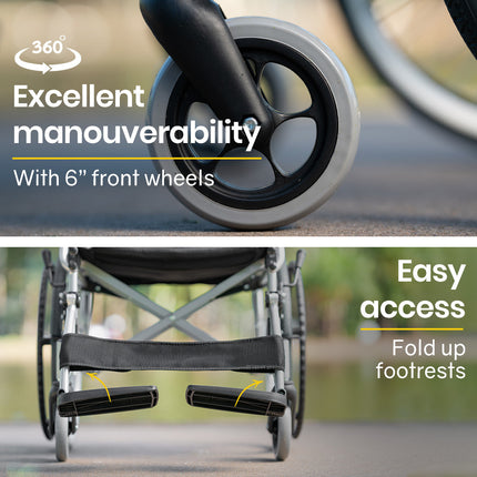 EQUIPMED 20 Inch Folding Wheelchair Lightweight Aluminium Portable with Park Brakes, Black.