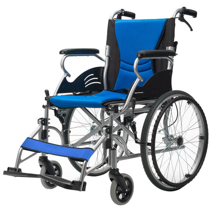 EQUIPMED Folding Aluminium Wheelchair, 20" Wheels, Park Brakes, 100kg Capacity, Blue.