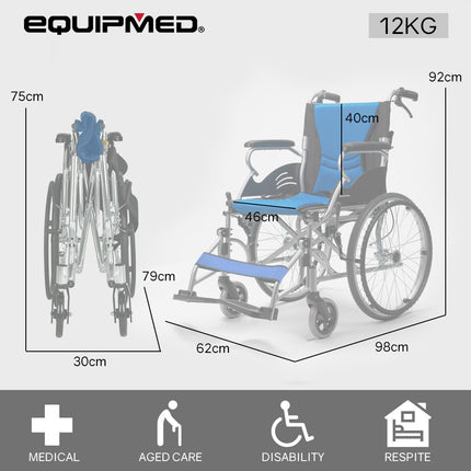EQUIPMED Folding Aluminium Wheelchair, 20" Wheels, Park Brakes, 100kg Capacity, Blue.