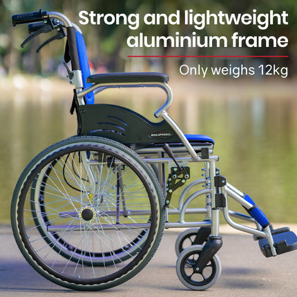 EQUIPMED Folding Aluminium Wheelchair, 20" Wheels, Park Brakes, 100kg Capacity, Blue.