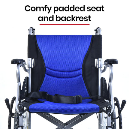 EQUIPMED Folding Aluminium Wheelchair, 20" Wheels, Park Brakes, 100kg Capacity, Blue.