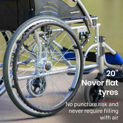 EQUIPMED Folding Aluminium Wheelchair, 20" Wheels, Park Brakes, 100kg Capacity, Blue.