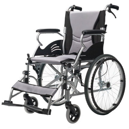 EQUIPMED Folding Aluminium Wheelchair, 20" Wheels, Park Brakes, 100kg Capacity, Grey/Black.
