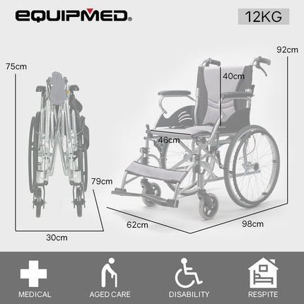 EQUIPMED Folding Aluminium Wheelchair, 20" Wheels, Park Brakes, 100kg Capacity, Grey/Black.