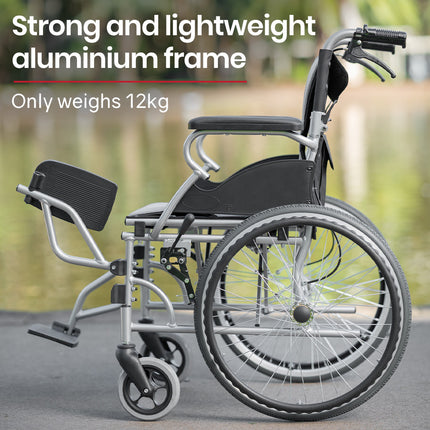 EQUIPMED Folding Aluminium Wheelchair, 20" Wheels, Park Brakes, 100kg Capacity, Grey/Black.