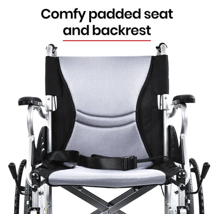 EQUIPMED Folding Aluminium Wheelchair, 20" Wheels, Park Brakes, 100kg Capacity, Grey/Black.