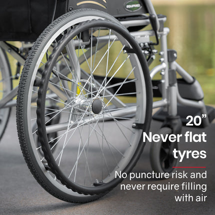 EQUIPMED Folding Aluminium Wheelchair, 20" Wheels, Park Brakes, 100kg Capacity, Grey/Black.
