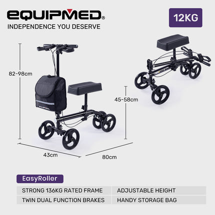 Equipmed Knee Scooter Walker, Dual Brakes - Bag - Broken Leg Ankle Foot Mobility - Crutches Alternative - Black.