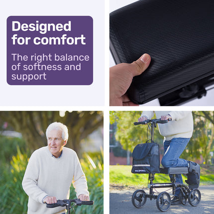 Equipmed Knee Scooter Walker, Dual Brakes - Bag - Broken Leg Ankle Foot Mobility - Crutches Alternative - Black.