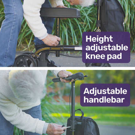 Equipmed Knee Scooter Walker, Dual Brakes - Bag - Broken Leg Ankle Foot Mobility - Crutches Alternative - Black.