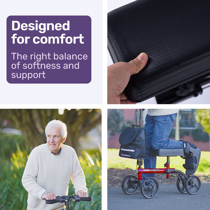 Equipmed Knee Scooter Walker, Dual Brakes - Bag - Broken Leg Ankle Foot Mobility - Crutches Alternative - Red.
