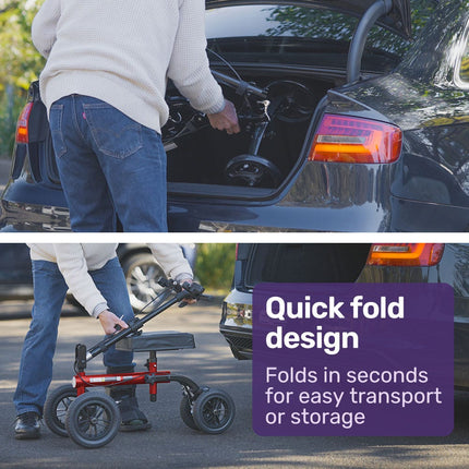 Equipmed Knee Scooter Walker, Dual Brakes - Bag - Broken Leg Ankle Foot Mobility - Crutches Alternative - Red.