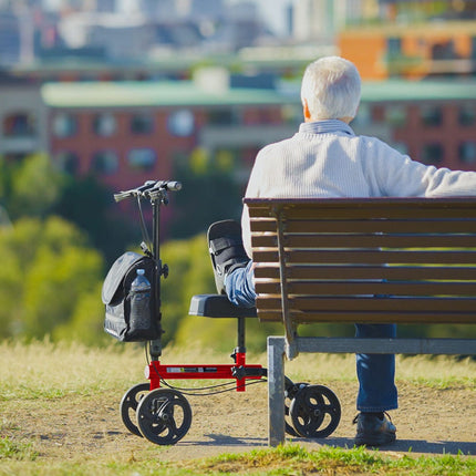 Equipmed Knee Scooter Walker, Dual Brakes - Bag - Broken Leg Ankle Foot Mobility - Crutches Alternative - Red.
