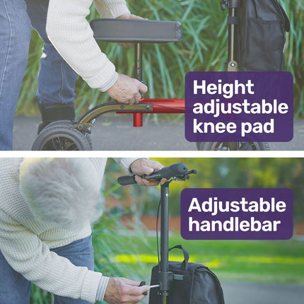 Equipmed Knee Scooter Walker, Dual Brakes - Bag - Broken Leg Ankle Foot Mobility - Crutches Alternative - Red.