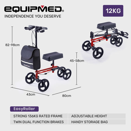 Equipmed Knee Scooter Walker, Dual Brakes - Bag - Broken Leg Ankle Foot Mobility - Crutches Alternative - Red.