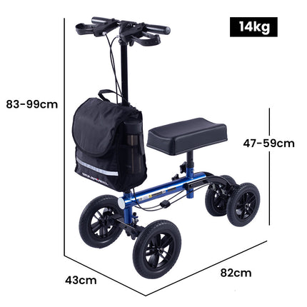 EQUIPMED Knee Scooter Walker, 10 inch Tyres Dual Brakes Bag - Broken Leg Ankle Foot Mobility - Crutches Alternative - Blue.