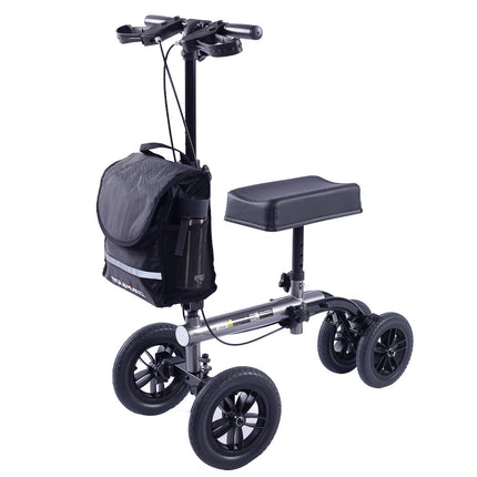 EQUIPMED Knee Scooter Walker, 10 inch Tyres Dual Brakes Bag - Broken Leg Ankle Foot Mobility - Crutches Alternative - Titanium colour.