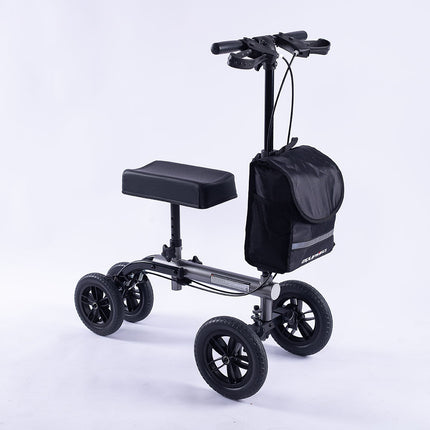 EQUIPMED Knee Scooter Walker, 10 inch Tyres Dual Brakes Bag - Broken Leg Ankle Foot Mobility - Crutches Alternative - Titanium colour.