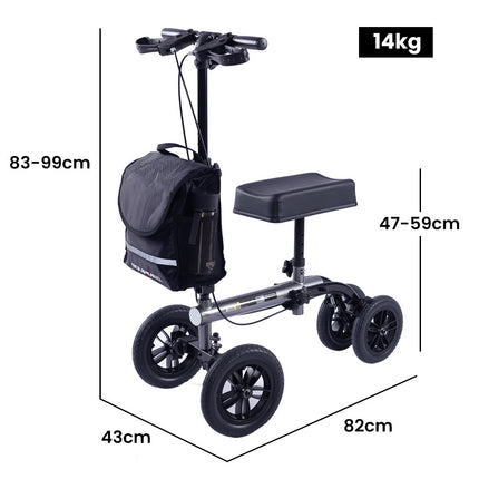 EQUIPMED Knee Scooter Walker, 10 inch Tyres Dual Brakes Bag - Broken Leg Ankle Foot Mobility - Crutches Alternative - Titanium colour.