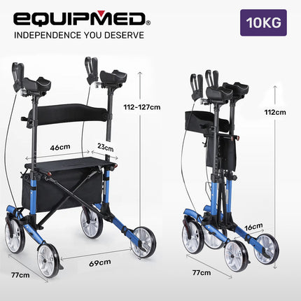 EQUIPMED Upright Rollator Walker with Forearm Support Rests, Mobilty Aid with Seat, Blue.