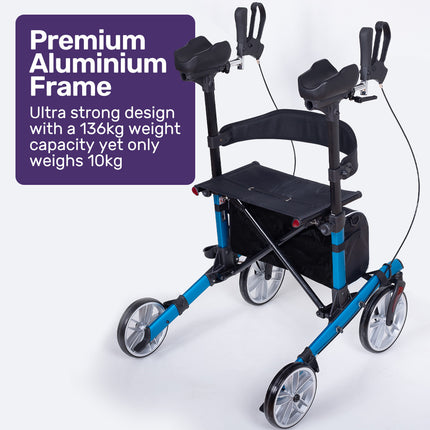 EQUIPMED Upright Rollator Walker with Forearm Support Rests, Mobilty Aid with Seat, Blue.