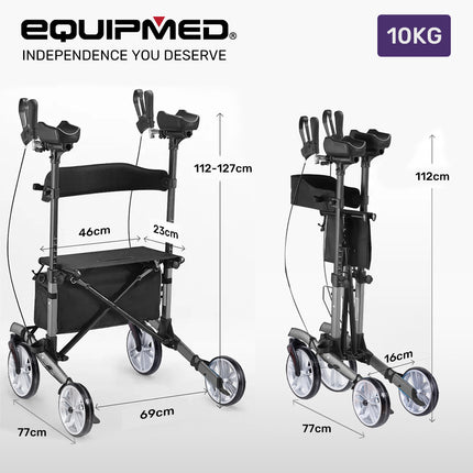 EQUIPMED Upright Rollator Walker with Forearm Rest Supports, Mobilty Aid with Seat, Grey.