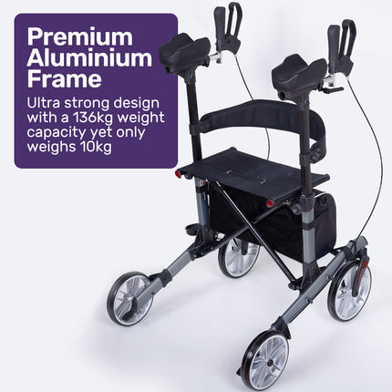 EQUIPMED Upright Rollator Walker with Forearm Rest Supports, Mobilty Aid with Seat, Grey.