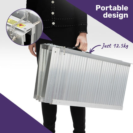 Equipmed 123cm Portable Folding Aluminium Access Ramp, 272kg Rated, Black Ultra-Grip, for Wheelchair, Mobility Scooter.