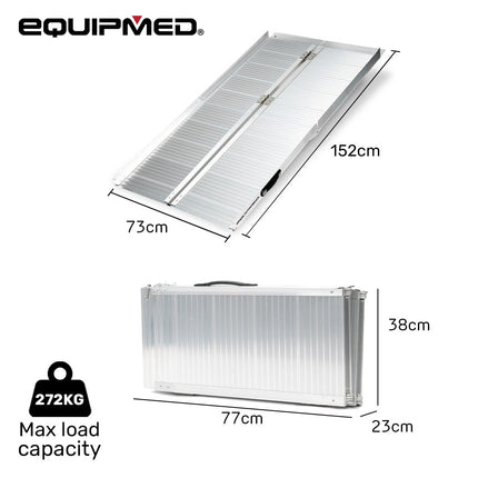 Equipmed 123cm Portable Folding Aluminium Access Ramp, 272kg Rated, Black Ultra-Grip, for Wheelchair, Mobility Scooter.
