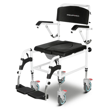 Equipmed Commode Shower Chair, Over Toilet or Bedside 136kg Capacity Aluminium frame with Wheels, Black.