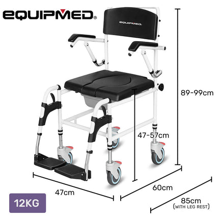 Equipmed Commode Shower Chair, Over Toilet or Bedside 136kg Capacity Aluminium frame with Wheels, Black.