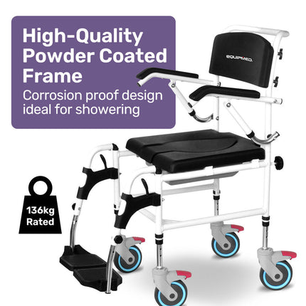 Equipmed Commode Shower Chair, Over Toilet or Bedside 136kg Capacity Aluminium frame with Wheels, Black.