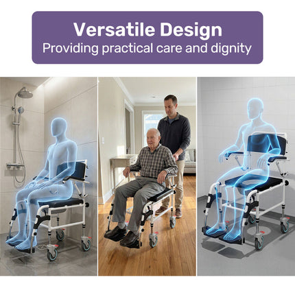 Equipmed Commode Shower Chair, Over Toilet or Bedside 136kg Capacity Aluminium frame with Wheels, Black.