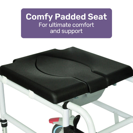 Equipmed Commode Shower Chair, Over Toilet or Bedside 136kg Capacity Aluminium frame with Wheels, Black.