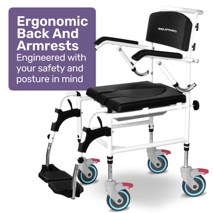 Equipmed Commode Shower Chair, Over Toilet or Bedside 136kg Capacity Aluminium frame with Wheels, Black.