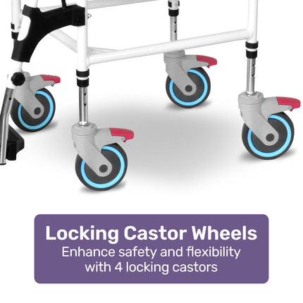 Equipmed Commode Shower Chair, Over Toilet or Bedside 136kg Capacity Aluminium frame with Wheels, Black.