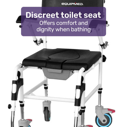 Equipmed Commode Shower Chair, Over Toilet or Bedside 136kg Capacity Aluminium frame with Wheels, Black.