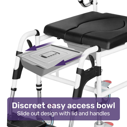 Equipmed Commode Shower Chair, Over Toilet or Bedside 136kg Capacity Aluminium frame with Wheels, Black.