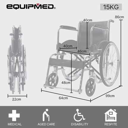Equipmed Folding Manual Wheelchair Self Propelled, 24" Rear Wheels, Chrome Steel Frame, 46cm Wide Seat, 100kg Capacity, Park Brakes.
