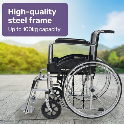 Equipmed Folding Manual Wheelchair Self Propelled, 24" Rear Wheels, Chrome Steel Frame, 46cm Wide Seat, 100kg Capacity, Park Brakes.