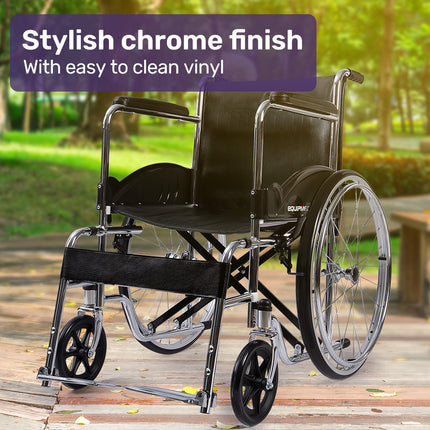 Equipmed Folding Manual Wheelchair Self Propelled, 24" Rear Wheels, Chrome Steel Frame, 46cm Wide Seat, 100kg Capacity, Park Brakes.