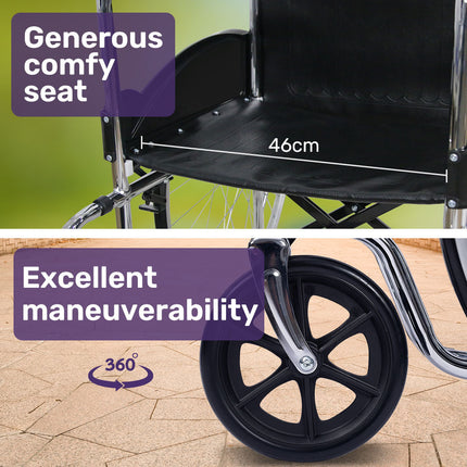 Equipmed Folding Manual Wheelchair Self Propelled, 24" Rear Wheels, Chrome Steel Frame, 46cm Wide Seat, 100kg Capacity, Park Brakes.