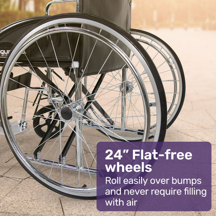 Equipmed Folding Manual Wheelchair Self Propelled, 24" Rear Wheels, Chrome Steel Frame, 46cm Wide Seat, 100kg Capacity, Park Brakes.
